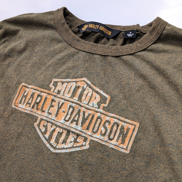 Harley-Davidson Men's Long Sleeve Tee In Kaki-Green and Orange - Size M - Picture 1 of 9